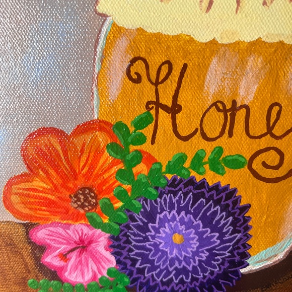 Vintage Original Acrylic Painting Honey Jar Still Life, Bee, Bumblebee, Floral - Picture 3 of 6